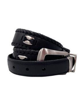 Black Full Grain Leather Belt Braided Edge Silver Conch Western Cowboy Rodeo